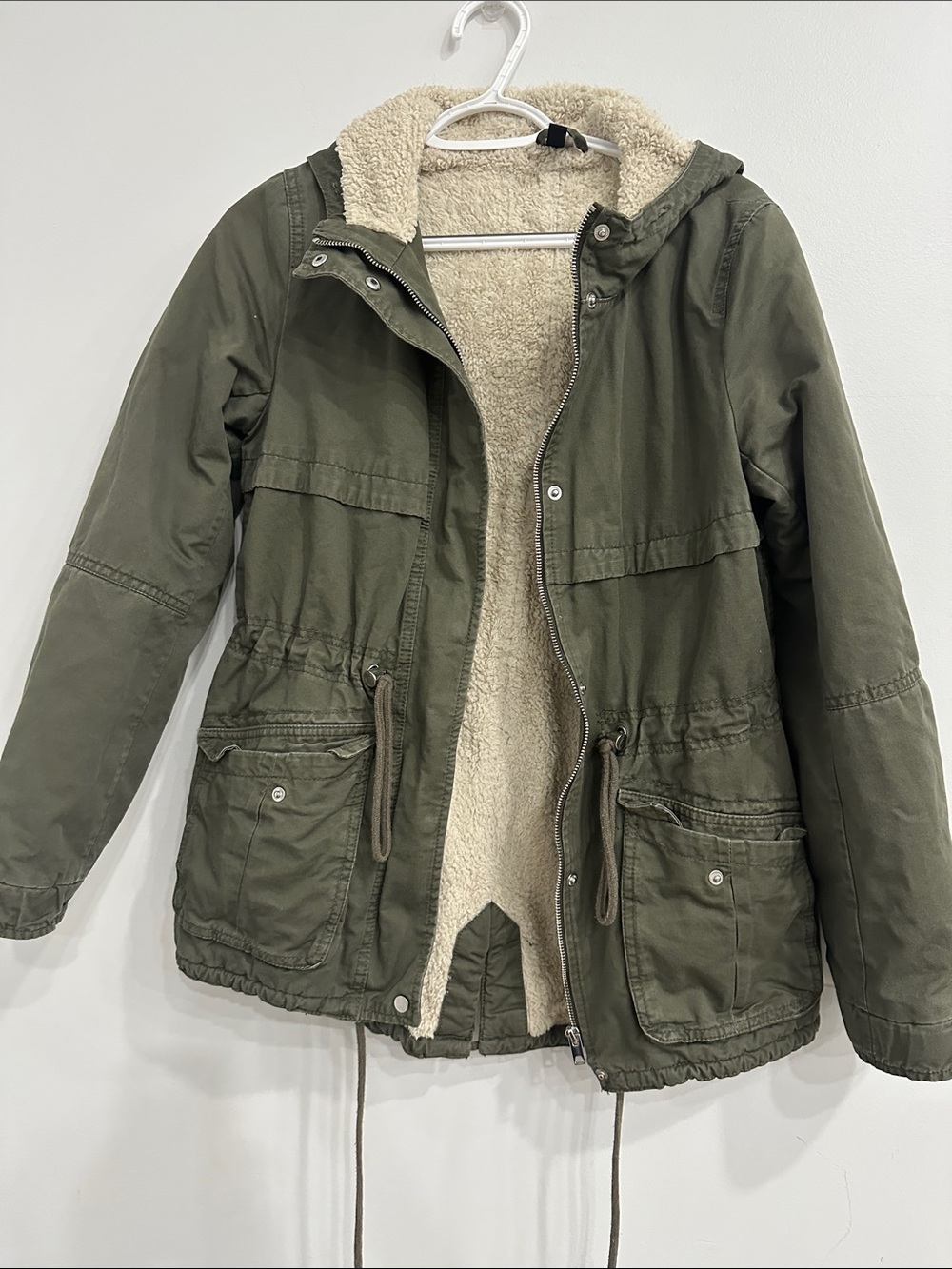 H&M Divided Olive Green Faux Fur Lined Utility Jacket Parka - Size 4